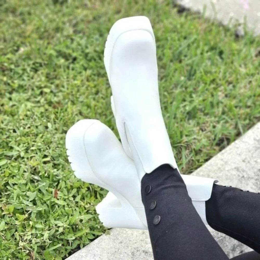 Women's Platform Heel Boots Chunky Ankle White Color - Picture 5 of 6